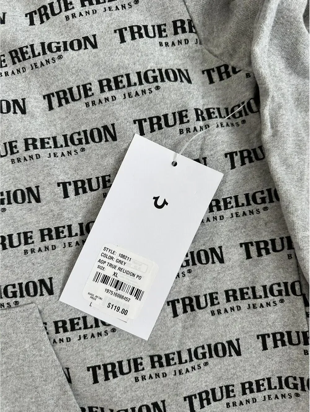 True Religion Loungewear Gray All Over Print Pullover Lightweight Hoodie Size XL
